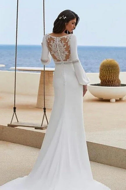 Charming Column Satin Long Sleeve Wedding Dresses With Appliques