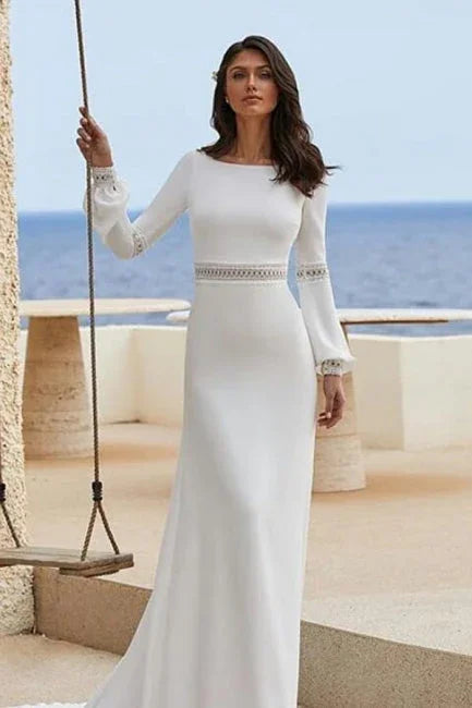 Charming Column Satin Long Sleeve Wedding Dresses With Appliques
