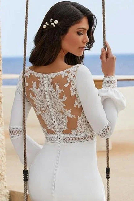Charming Column Satin Long Sleeve Wedding Dresses With Appliques