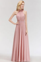 Charming Halter Sleeveless Ruffled Chiffon Bridesmaid Dresses Aline Evening Maxi Gown