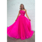 Charming One Shoulder Long A-Line Sleeveless Tulle Formal Prom Dress