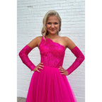 Charming One Shoulder Long A-Line Sleeveless Tulle Formal Prom Dress