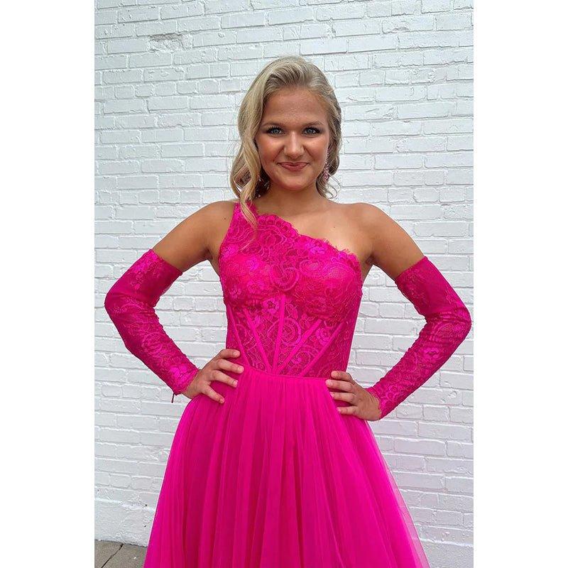 Charming One Shoulder Long A-Line Sleeveless Tulle Formal Prom Dress