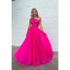 Charming One Shoulder Long A-Line Sleeveless Tulle Formal Prom Dress