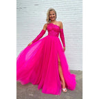 Charming One Shoulder Long A-Line Sleeveless Tulle Formal Prom Dress