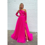 Charming One Shoulder Long A-Line Sleeveless Tulle Formal Prom Dress