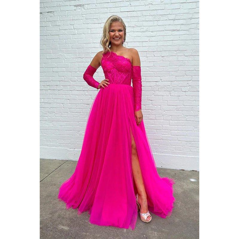 Charming One Shoulder Long A-Line Sleeveless Tulle Formal Prom Dress
