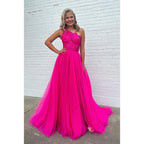 Charming One Shoulder Long A-Line Sleeveless Tulle Formal Prom Dress