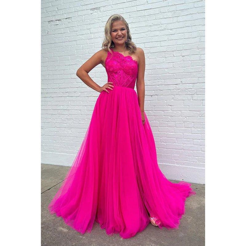 Charming One Shoulder Long A-Line Sleeveless Tulle Formal Prom Dress