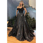 Charming Sparkly Long A-Line Off-Shoulder Cap Sleeves Formal Prom Dress