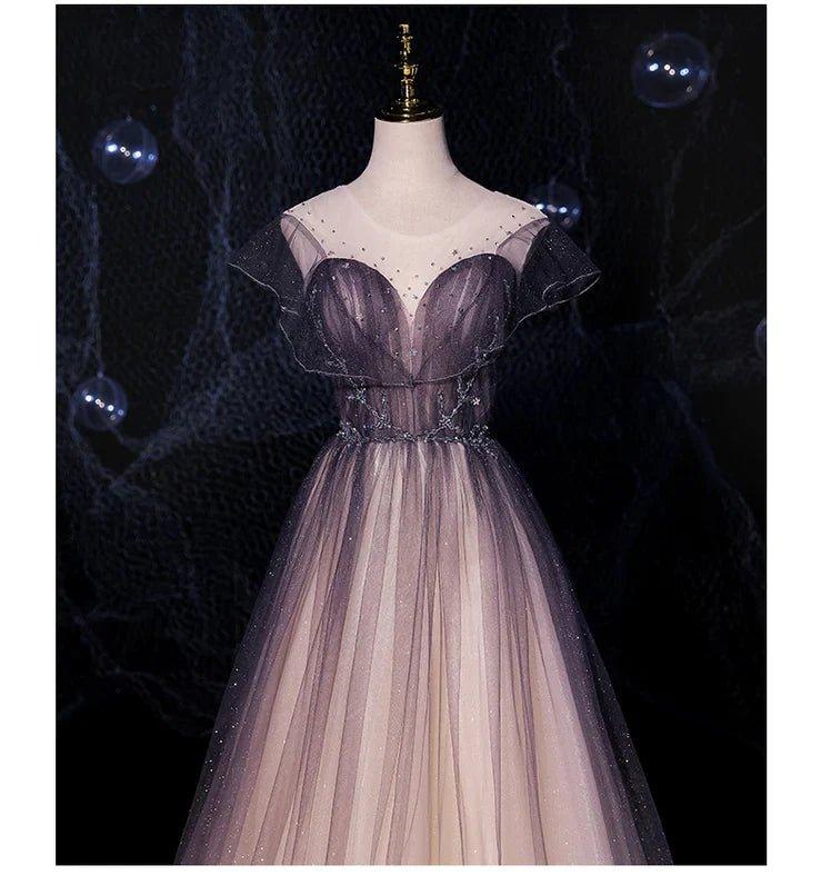 Charming Tulle Gradient Cap Sleeves Long Party Dress, A-Line Evening Gown