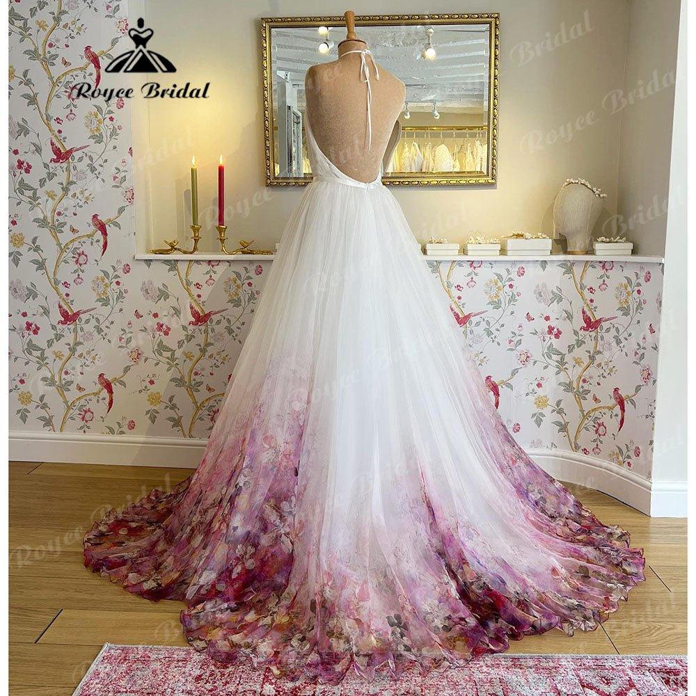 Chaste Print Flower Garden Bridal V Neck Princess Wedding Dress  Vestidos Wedding Gowns Ball Gowns Custom Made NumberSea
