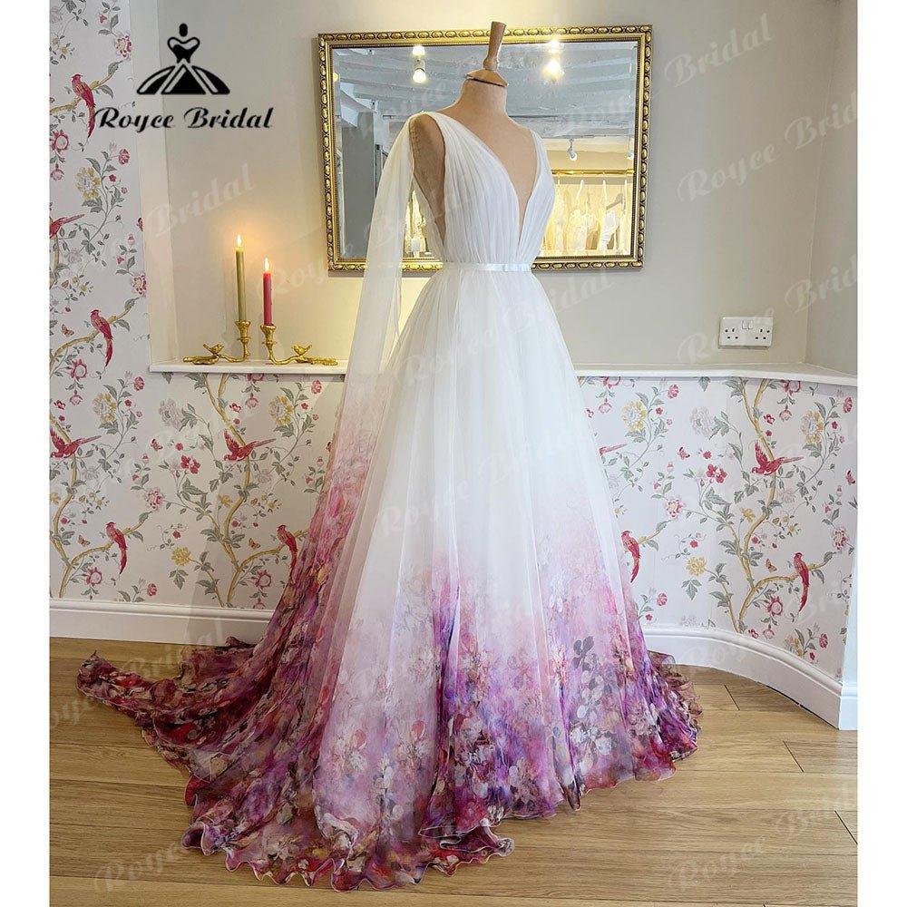 Chaste Print Flower Garden Bridal V Neck Princess Wedding Dress  Vestidos Wedding Gowns Ball Gowns Custom Made NumberSea
