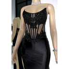 Chic Bateau Beaded Appliques Illusion with Side Slit Prom Evening Dress