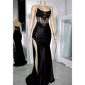 Chic Bateau Beaded Appliques Illusion with Side Slit Prom Evening Dress