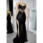 Chic Bateau Beaded Appliques Illusion with Side Slit Prom Evening Dress