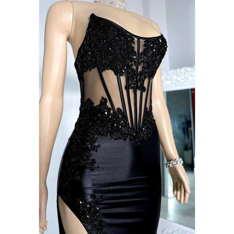 Chic Bateau Beaded Appliques Illusion with Side Slit Prom Evening Dress