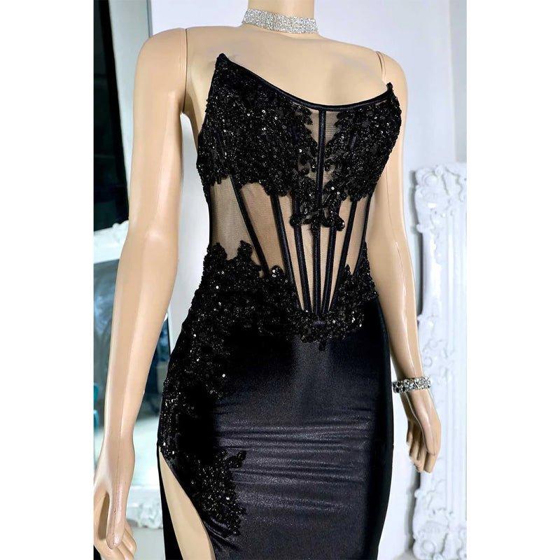 Chic Bateau Beaded Appliques Illusion with Side Slit Prom Evening Dress