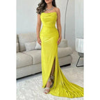 Chic & Elegant Off-Shoulder Sleeveless Ruched Slit Prom Dress