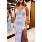 Chic & Elegant Spaghetti Straps V-Neck Sheath Slit Party Prom Dress