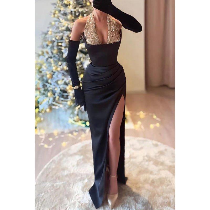 Chic Fitted Halter Empire Pleats with Side Slit Sequined Party Prom Evening Dress