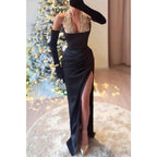 Chic Fitted Halter Empire Pleats with Side Slit Sequined Party Prom Evening Dress