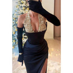 Chic Fitted Halter Empire Pleats with Side Slit Sequined Party Prom Evening Dress