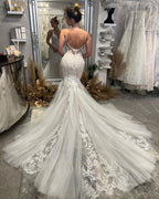 Chic Floor Length V-Neck Spaghetti Straps Sleeveless Mermaid Wedding Dress with Chapel Train