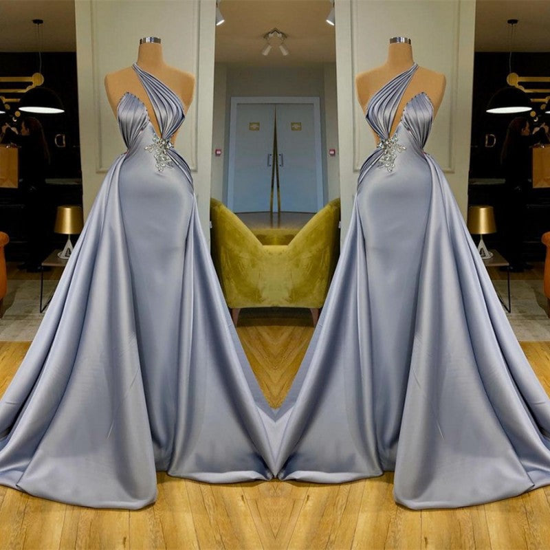 Chic Halter Long Evening Dress With Detachable Skirt Beadings