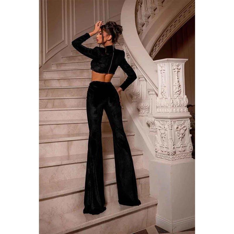 Chic High Neck Beads Black Velvet Long Sleeves Sexy Formal Party Dress