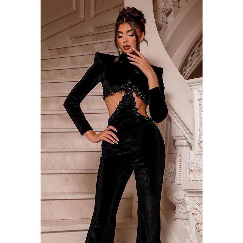 Chic High Neck Beads Black Velvet Long Sleeves Sexy Formal Party Dress