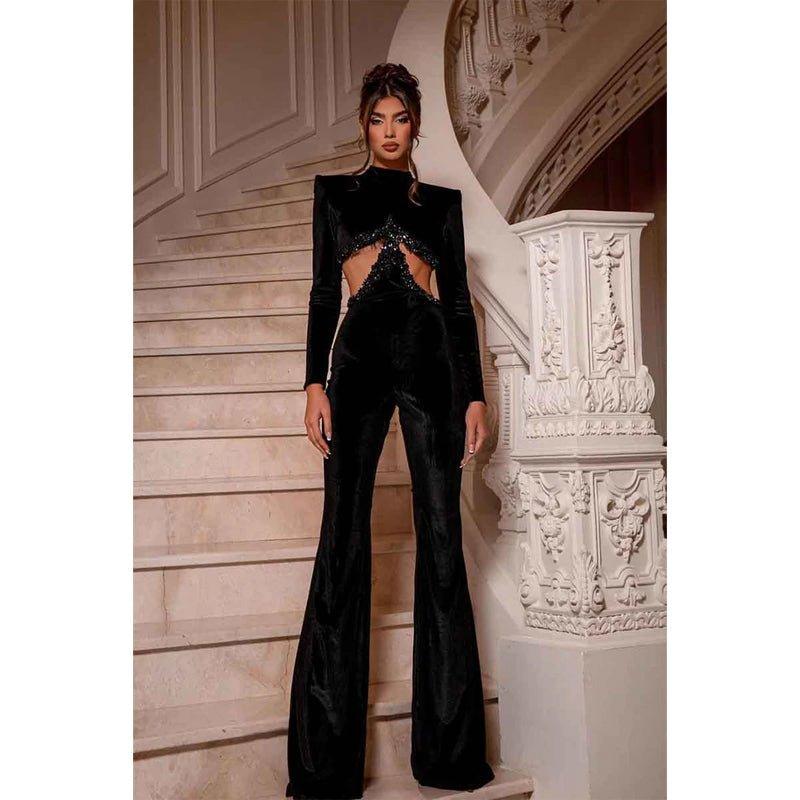 Chic High Neck Beads Black Velvet Long Sleeves Sexy Formal Party Dress
