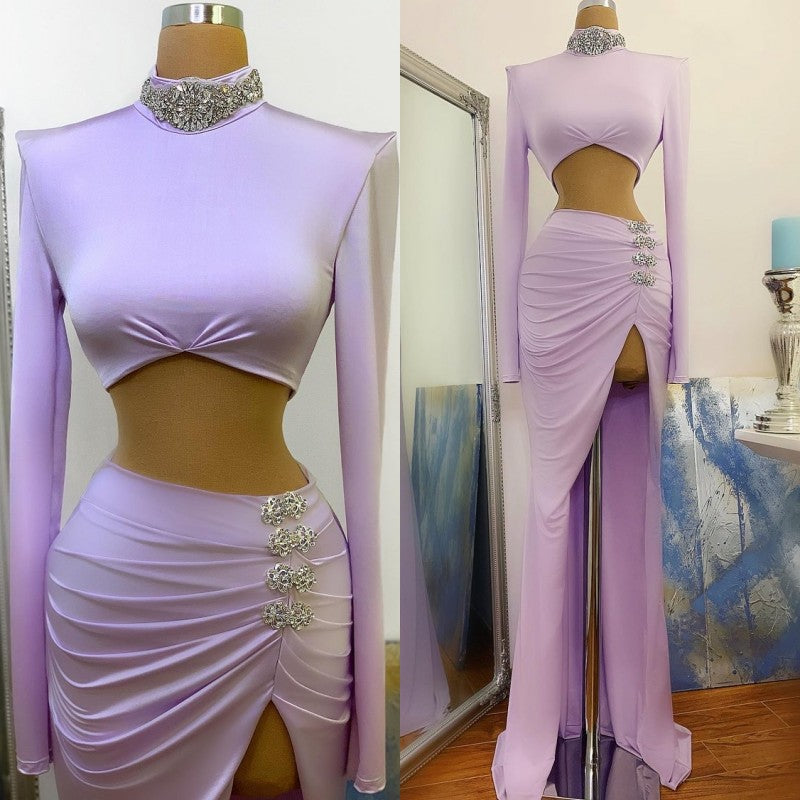 Chic High Split Prom Dress Mermaid High Neck On Sale Long Sleeve