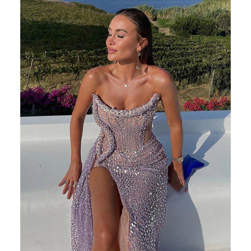 Chic & Luxurious Strapless Beaded Long Sheer Evening Prom Dress Pageant Dress