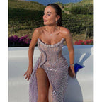 Chic & Luxurious Strapless Beaded Long Sheer Evening Prom Dress Pageant Dress