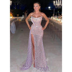 Chic & Luxurious Strapless Beaded Long Sheer Evening Prom Dress Pageant Dress