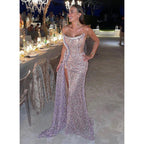 Chic & Luxurious Strapless Beaded Long Sheer Evening Prom Dress Pageant Dress