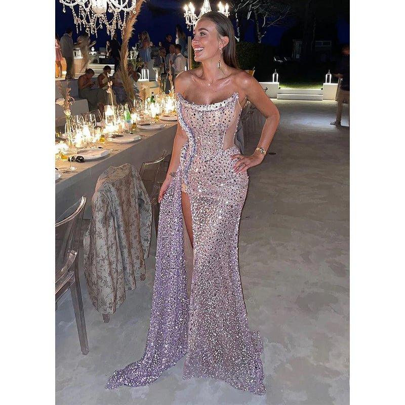 Chic & Luxurious Strapless Beaded Long Sheer Evening Prom Dress Pageant Dress