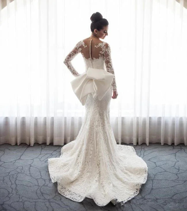 Chic Mermaid Lace Long Sleeves Wedding Dress With Detachable Train