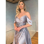 Chic & Modern A-line Off-shoulder Pleats Beaded Long Prom Dress