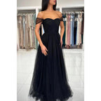 Chic & Modern A-line Off-shoulder Straps Black Tulle Long Prom Dress