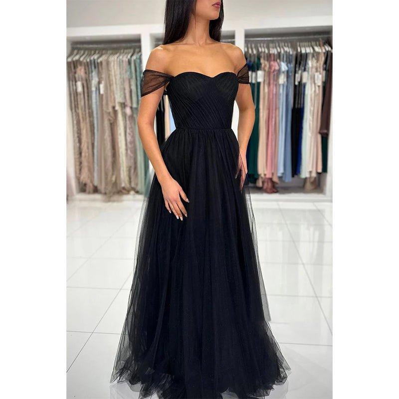 Chic & Modern A-line Off-shoulder Straps Black Tulle Long Prom Dress