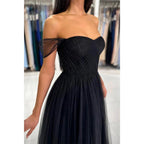 Chic & Modern A-line Off-shoulder Straps Black Tulle Long Prom Dress