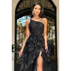Chic Modern A-Line One Shoulder Floral Emboidered and Beaded Ballgown Party Prom Dress wit