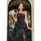Chic Modern A-Line One Shoulder Floral Emboidered and Beaded Ballgown Party Prom Dress wit