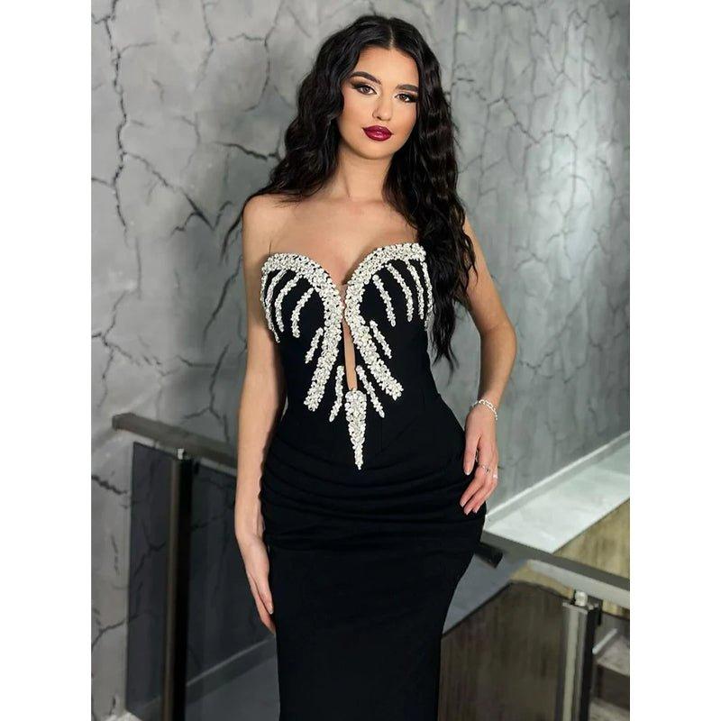Chic & Modern Beaded Strapless Satin Pleats Long Prom Dress Evening Gowns