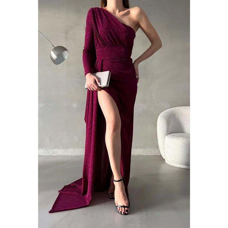 Chic & Modern Glitter One Shoulder Pleats Long Prom Dress with Train