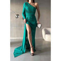Chic & Modern Glitter One Shoulder Pleats Long Prom Dress with Train
