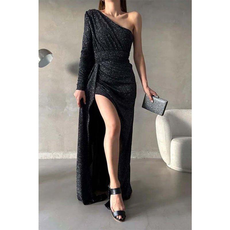 Chic & Modern Glitter One Shoulder Pleats Long Prom Dress with Train