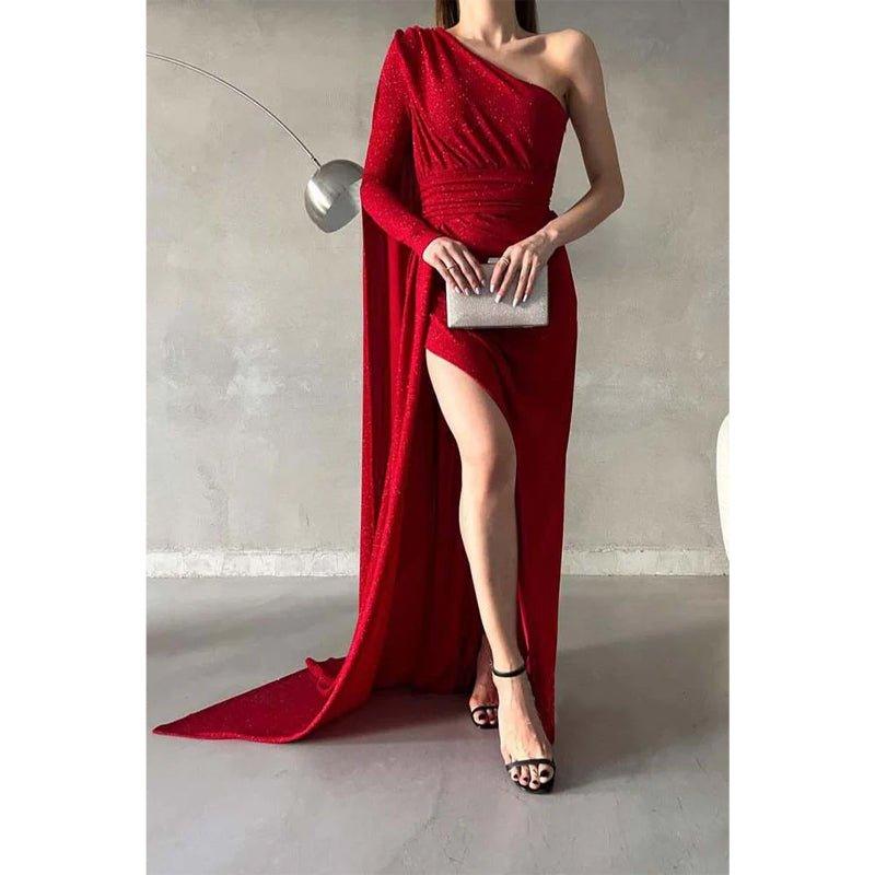 Chic & Modern Glitter One Shoulder Pleats Long Prom Dress with Train